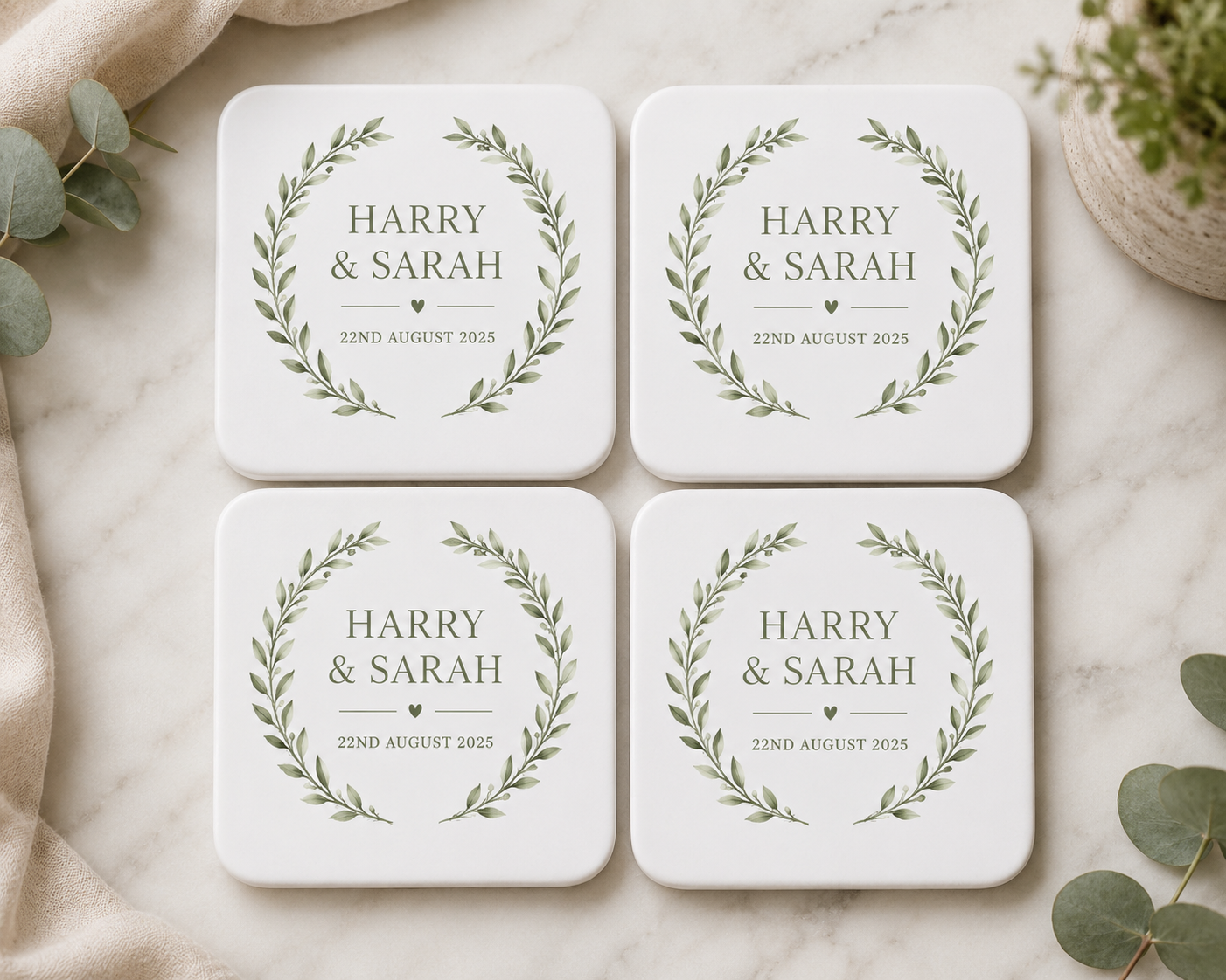 Personalised Wedding Coasters – Elegant Botanical Design