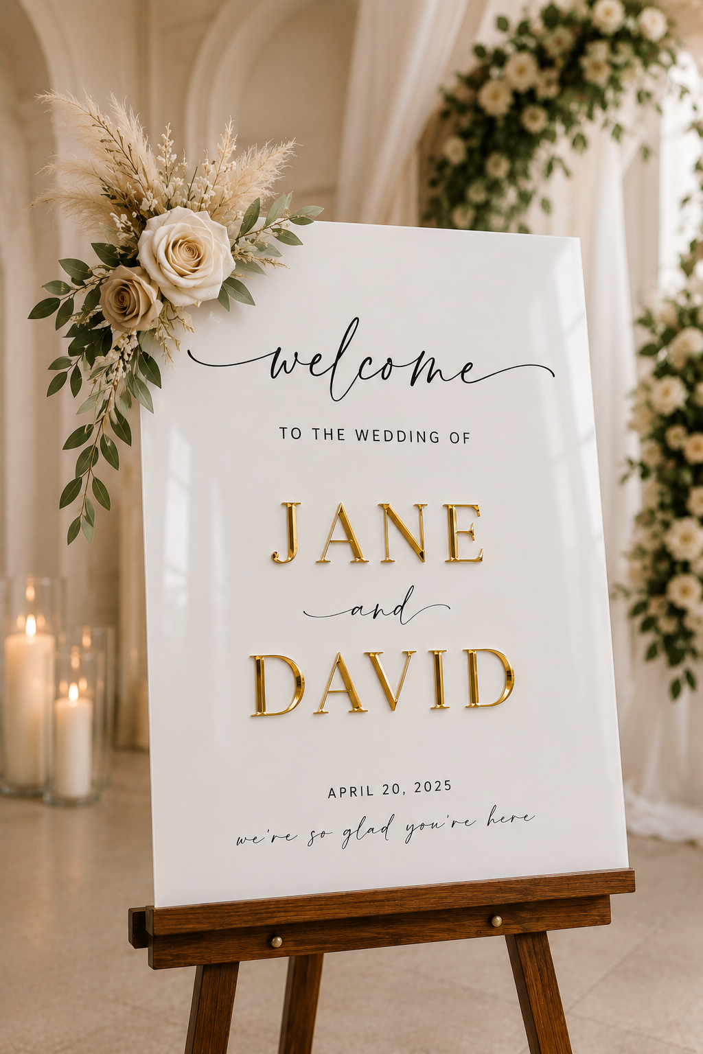 Wedding Welcome Sign – White Acrylic and Gold Mirror