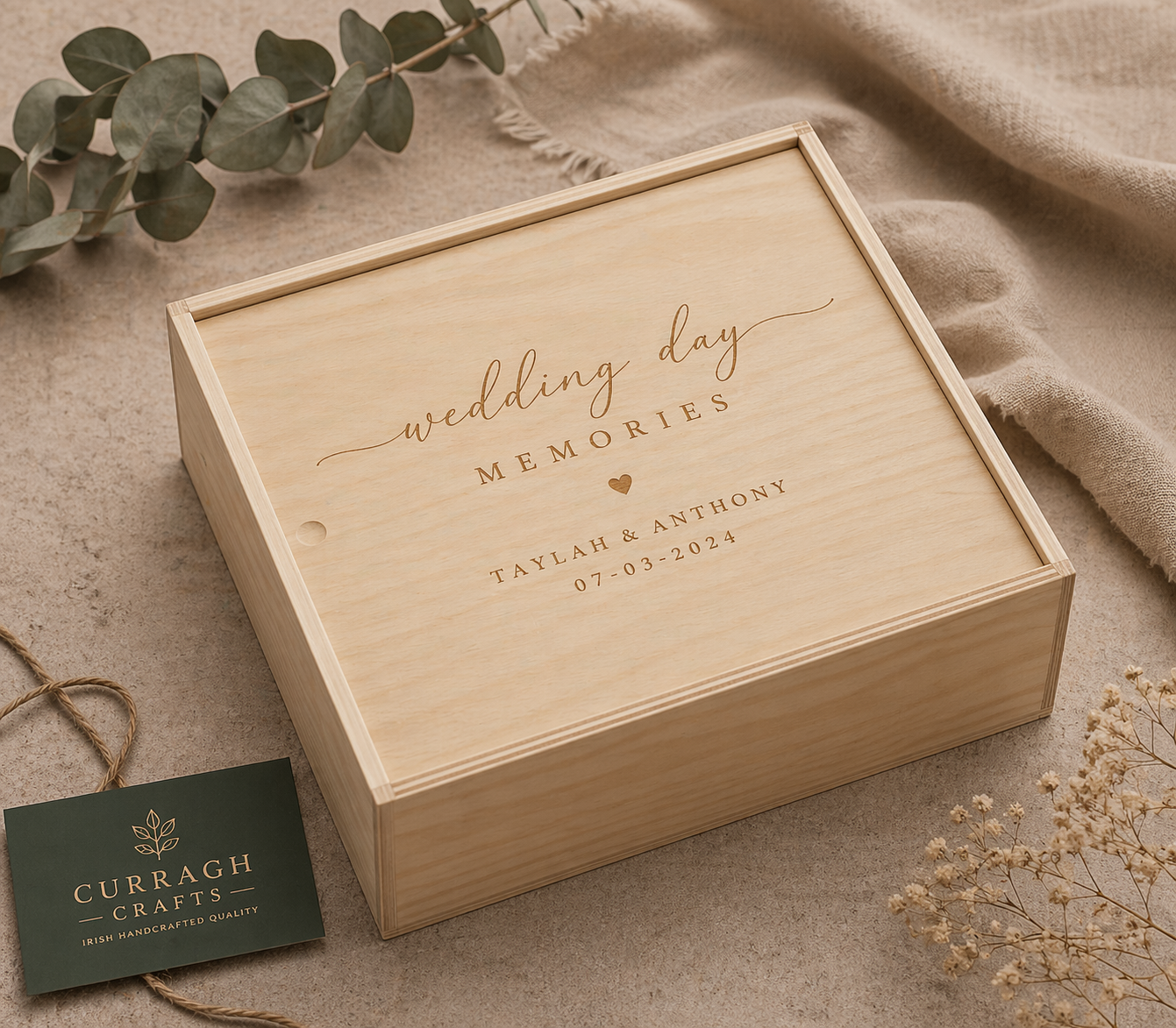 Personalised wedding gifts handmade in Ireland including engraved keepsake boxes, chopping boards, candles and coasters