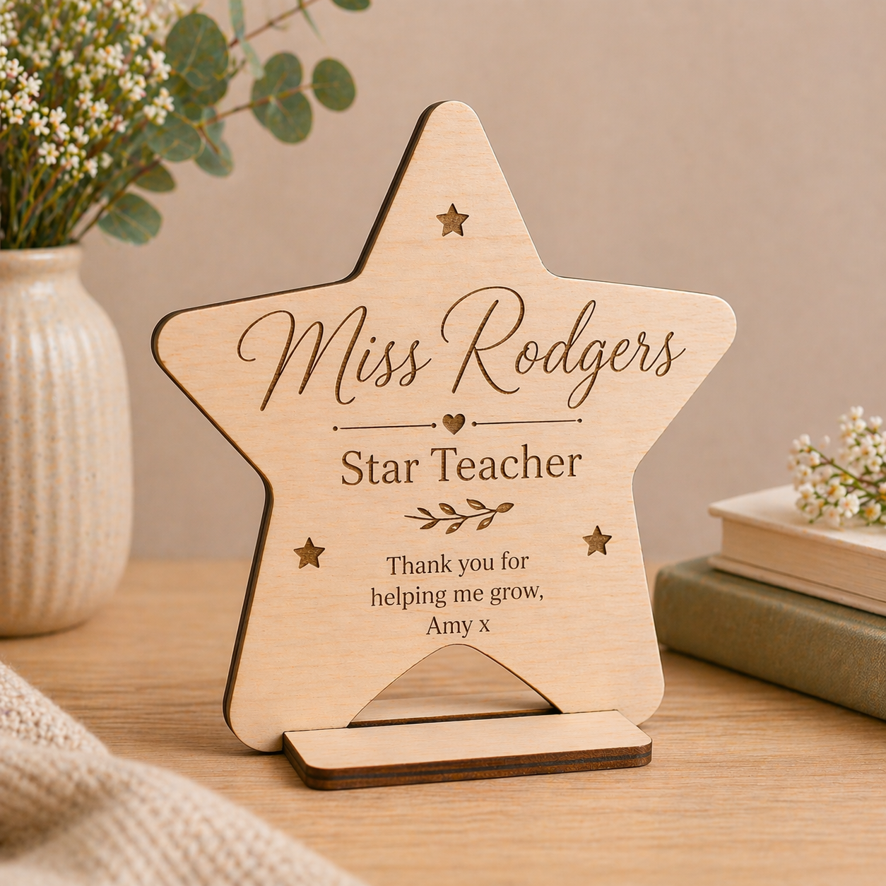 Personalised Star Teacher Gift – Wooden Name Plaque (17cm)