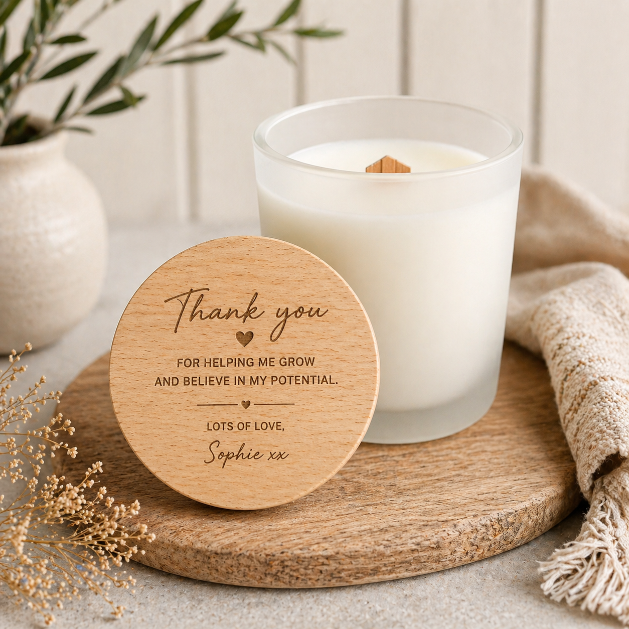 Personalised Teacher Candle Gift/ Engraved Wooden Lid Keepsake