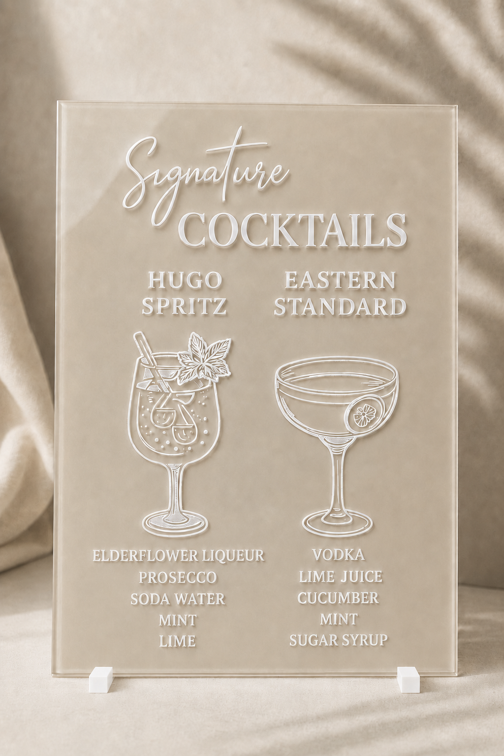 Custom beige acrylic cocktail menu sign with raised white lettering and cocktail illustrations