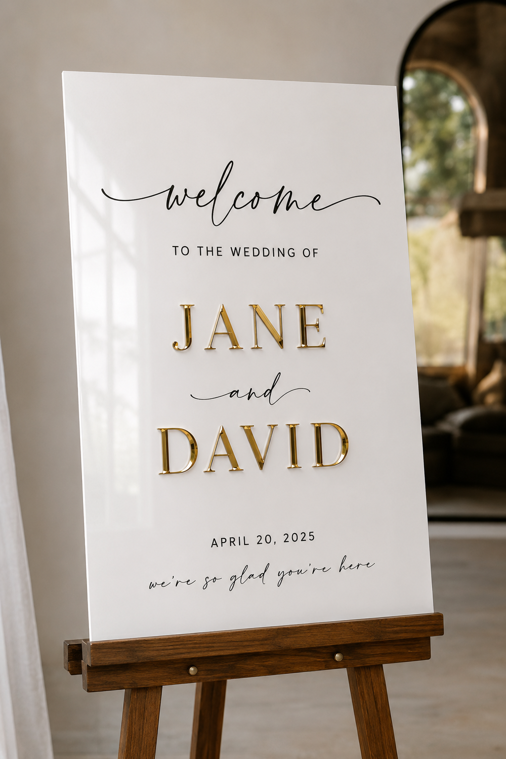 Wedding Welcome Sign – White Acrylic and Gold Mirror