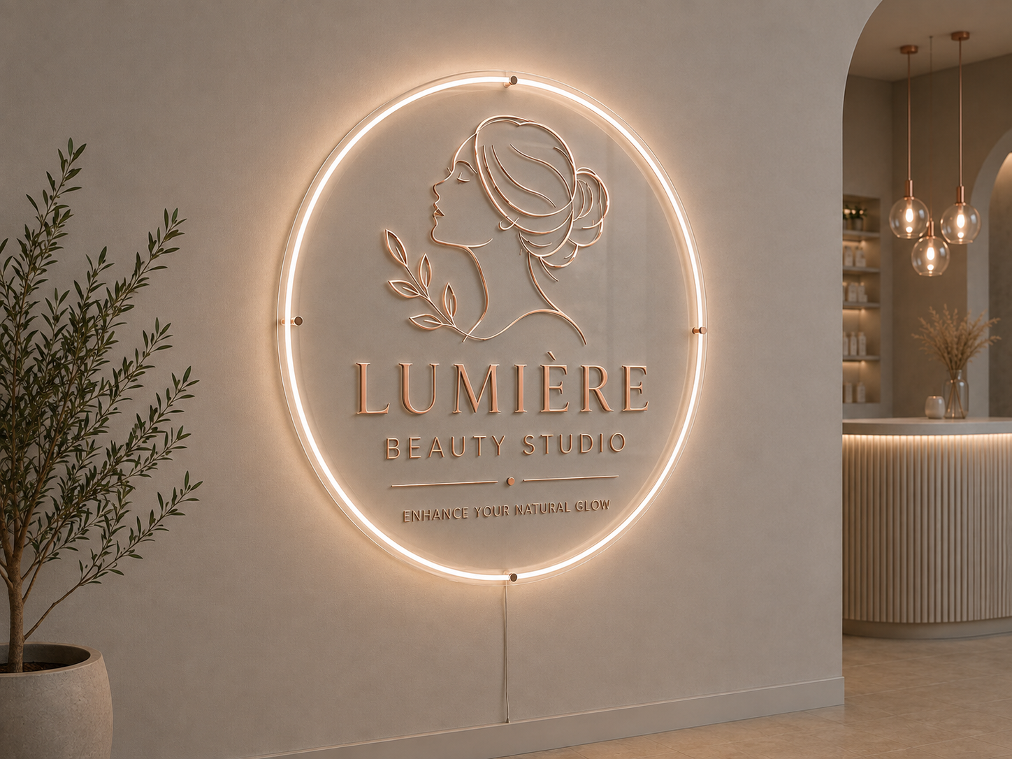 Clear acrylic beauty studio sign with rose-gold raised lettering and illuminated LED border.