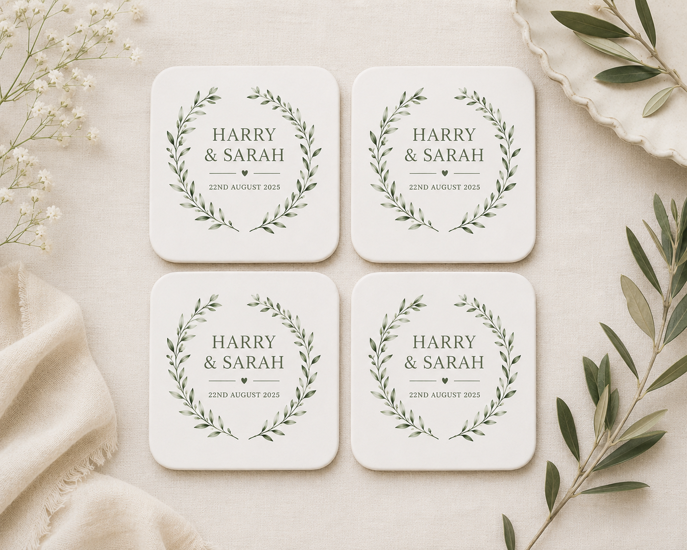 Personalised Wedding Coasters – Elegant Botanical Design