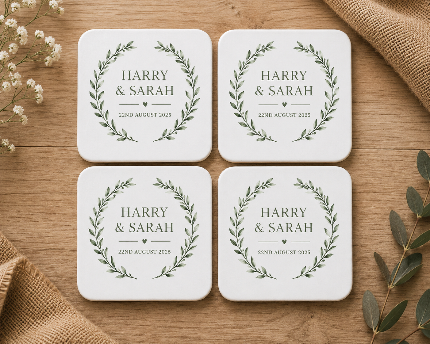 Personalised Wedding Coasters – Elegant Botanical Design
