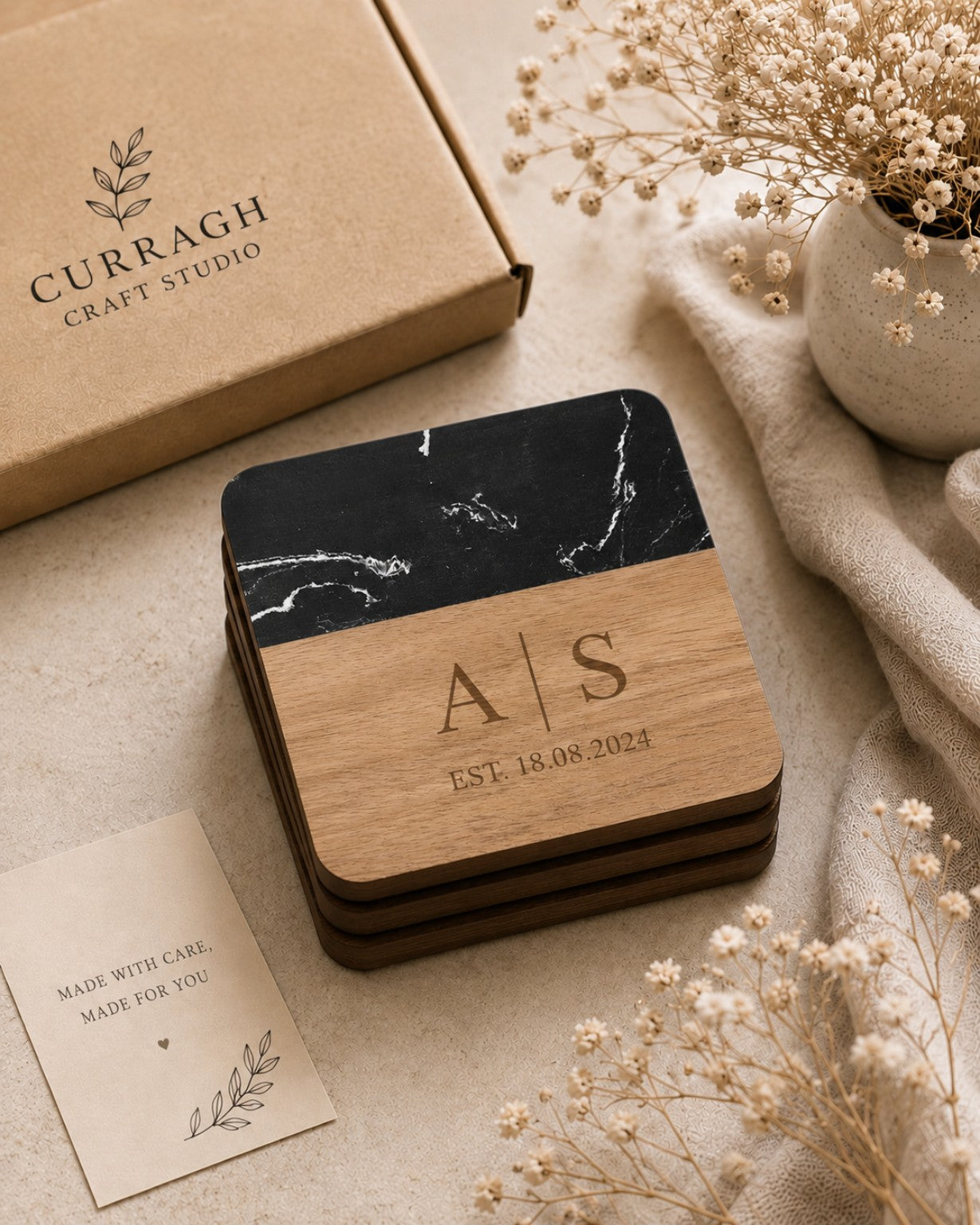 Premium Marble & Acacia Coaster Set