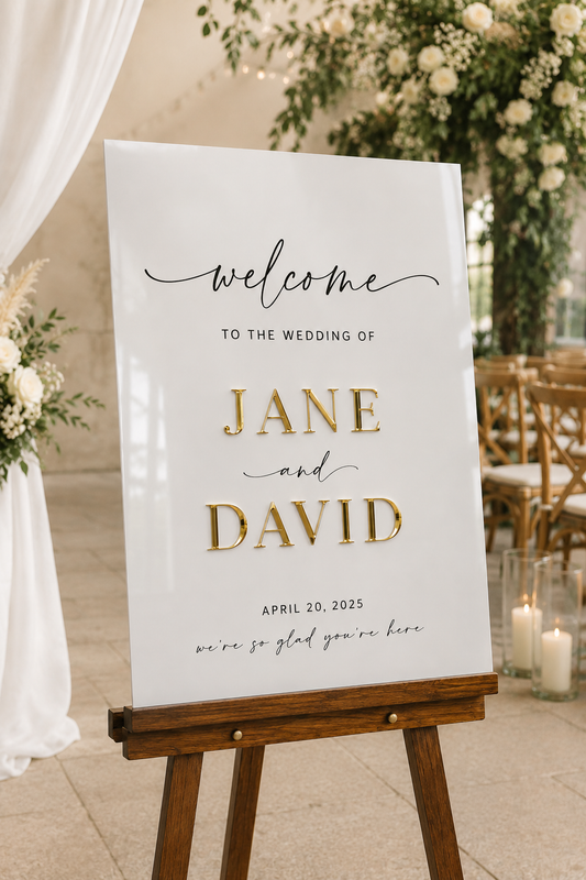 Wedding Welcome Sign – White Acrylic and Gold Mirror