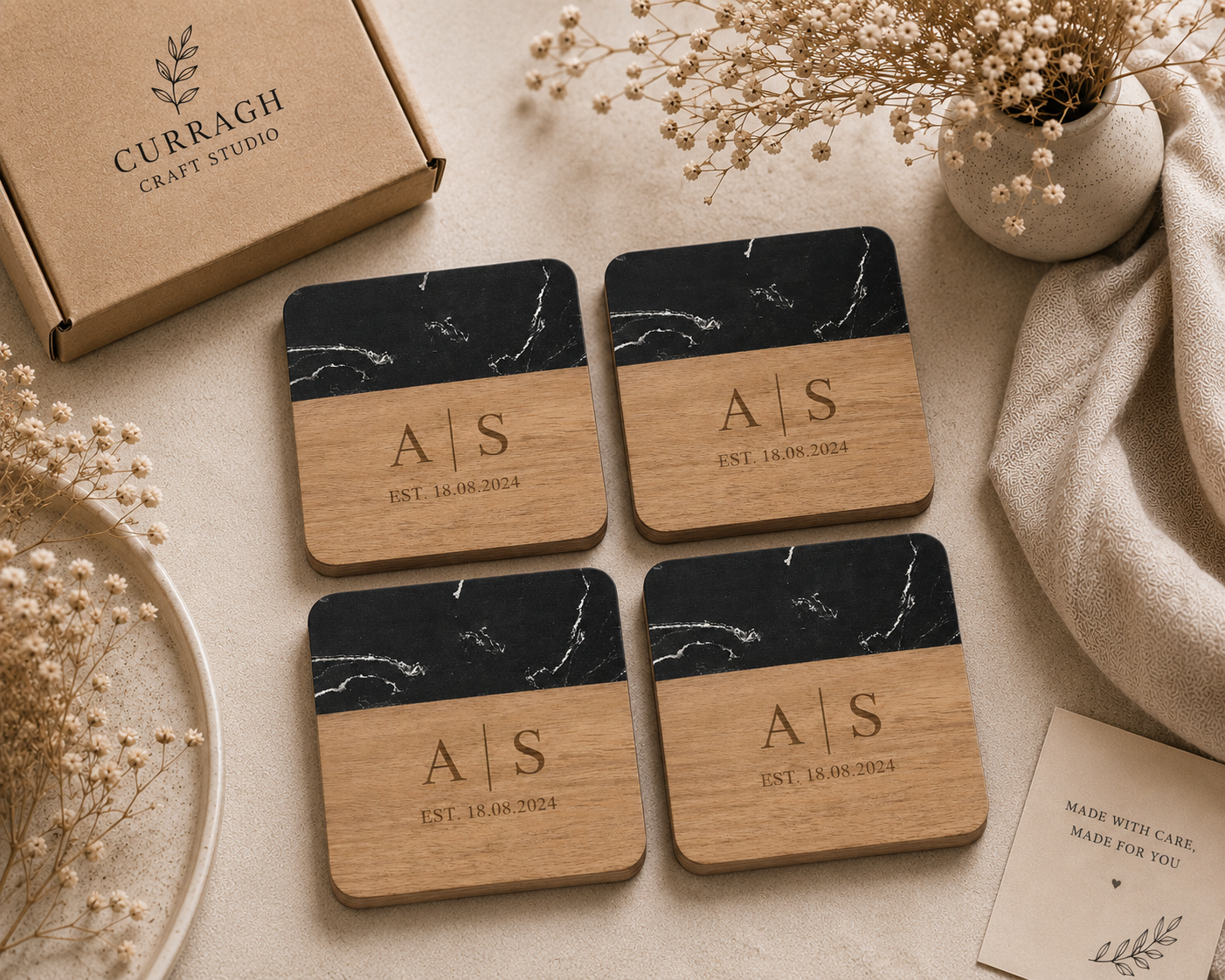 Premium Marble & Acacia Coaster Set