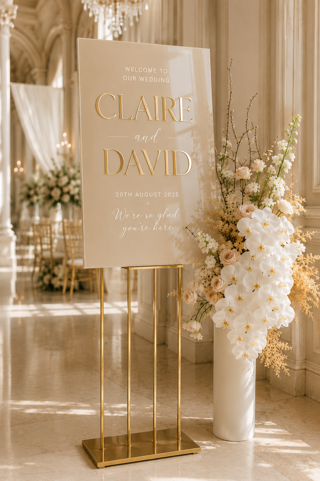 Personalised Wedding Welcome Sign with Gold Mirror Lettering