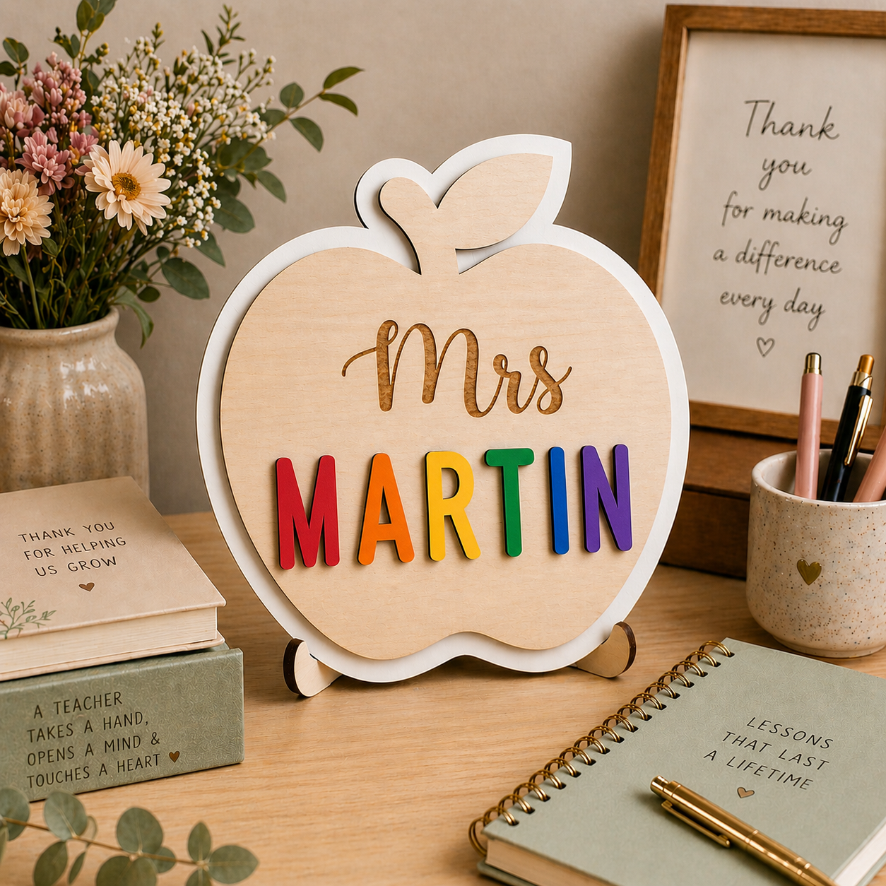 Personalised Teacher Apple Plaque – Custom Name Sign Gift (16 x 17.5cm)