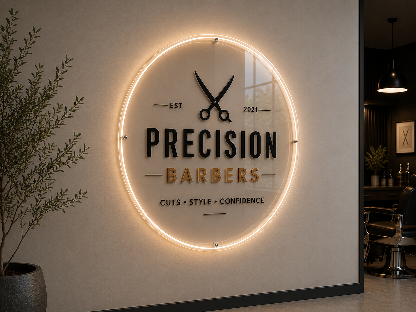 Custom clear acrylic barbershop sign with raised logo, coloured lettering and LED border lighting.